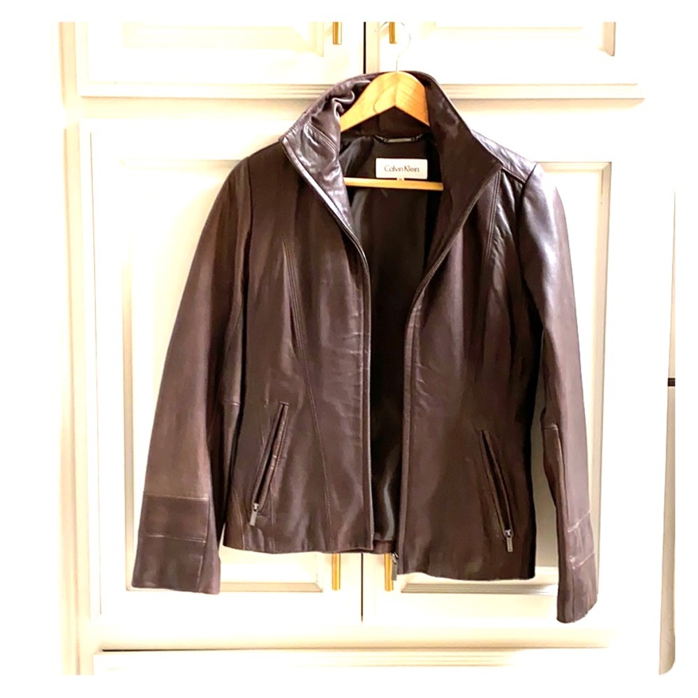 Calvin Klein chocolate brown leather jacket XS